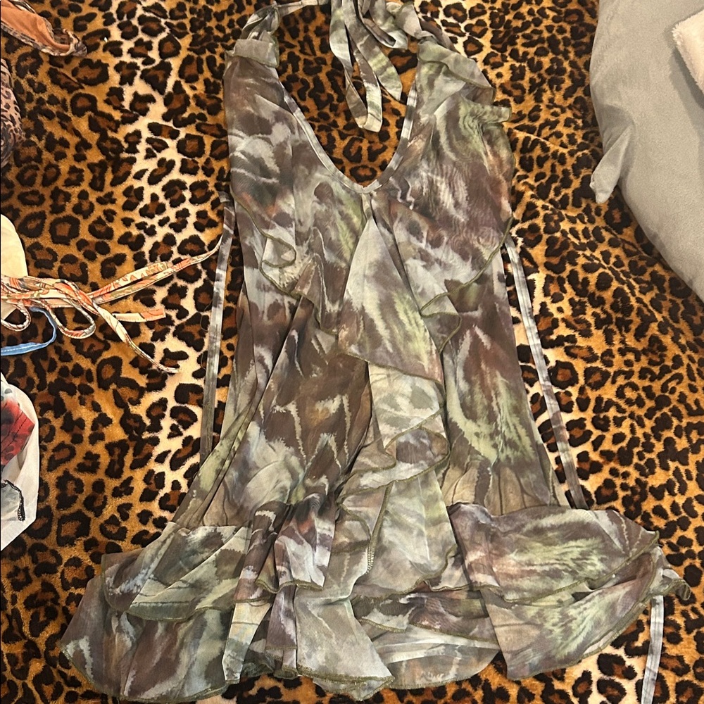 Sheer Ruffled Halter Dress in Olive & Taupe